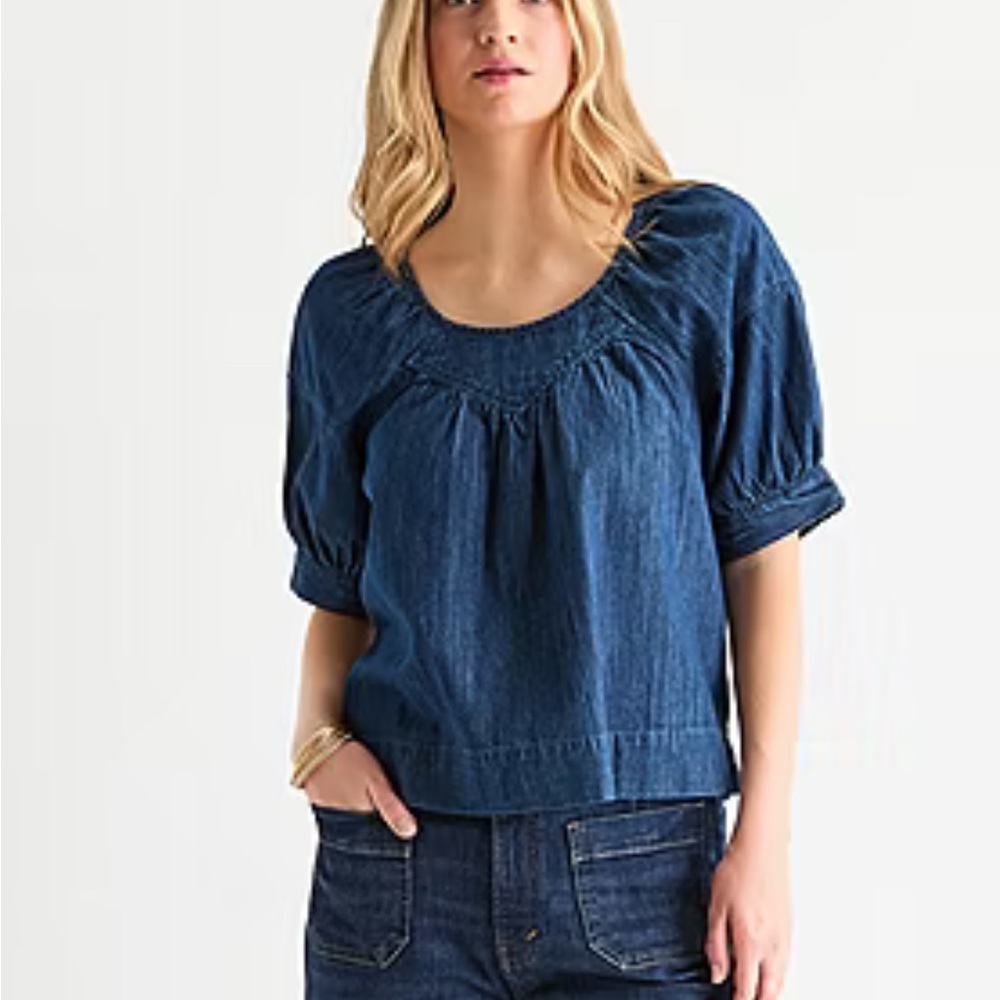 a.n.a Indigo Blue Denim Short Sleeve Peasant Blouse